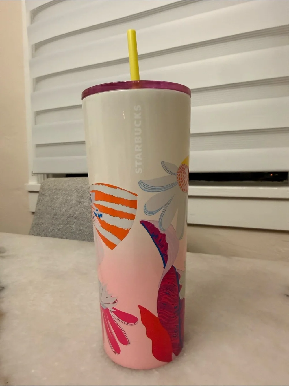 Starbucks Pink Floral Stainless Tumbler with Yellow Straw
